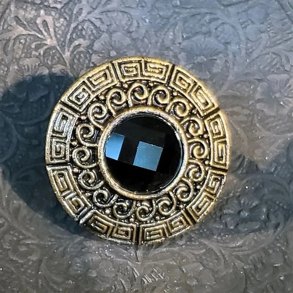 Y2K Bronze Black Faceted Crystal Round Greek Key Cocktail Ring Vintage Grunge